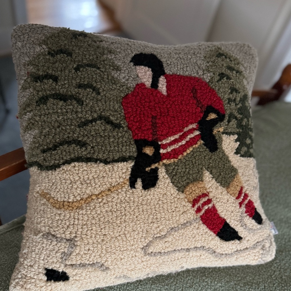 Hockey Scene hooked throw pillow